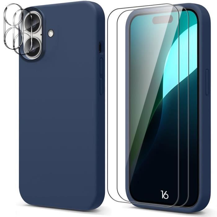 Coque de protection - silicone - iphone 16 - bleu marine - 2 vitres verre trempé - antidérapante