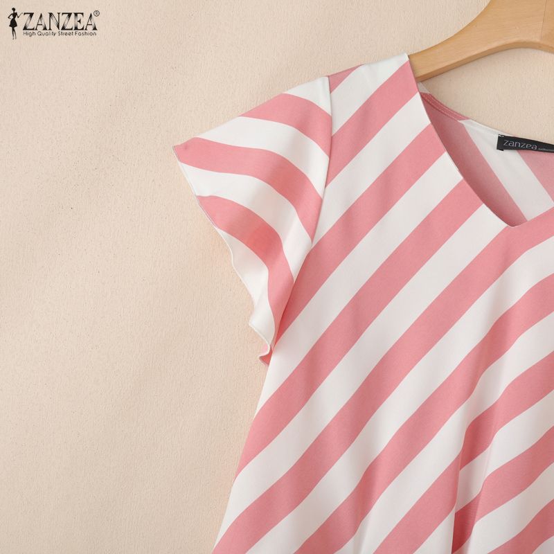 ZANZEA Blusa informal de verano con cuello en V y manga corta a rayas para mujer
