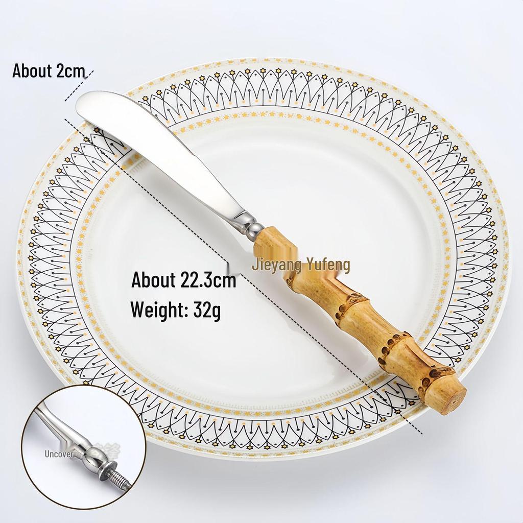 304 Stainless Steel Bamboo-Handled Knife Fork Spoon Set for Hotel Tableware and Western Food, Thickened Dessert Spoon and Steak Knife Fork.