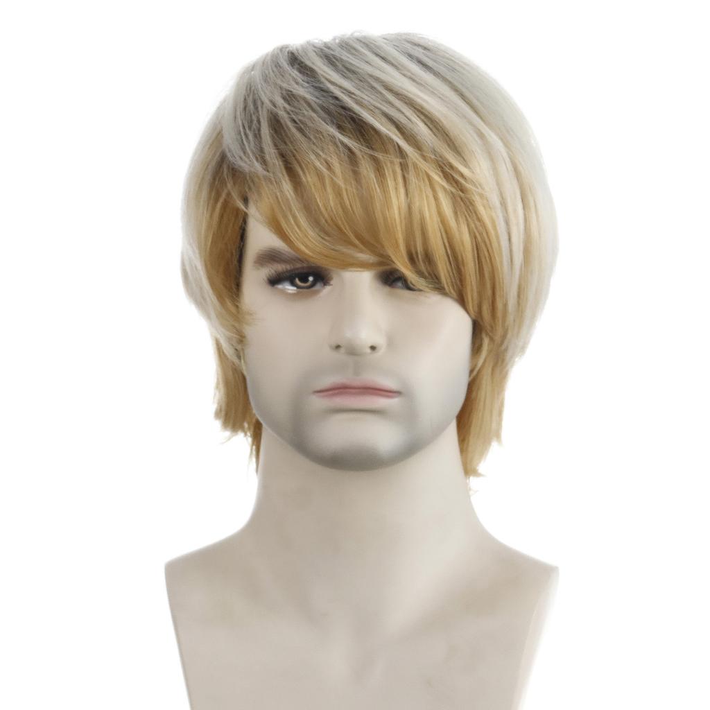 European and American Style Men's Fashion Front Lace Heat Resistant Daily Use Natural Looking Synthetic Fiber Light Golden Short Straight Wig
