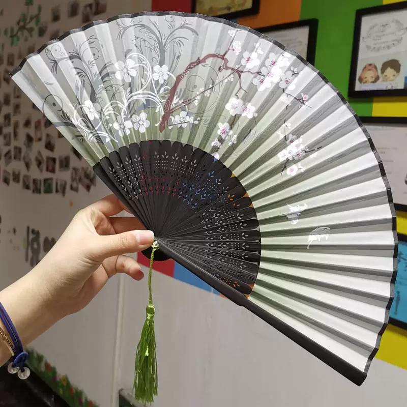 Chinese Style Folding Fan for Men, Portable, Retro Style, Classical, Traditional Hanfu, Black and Green, Bamboo Design