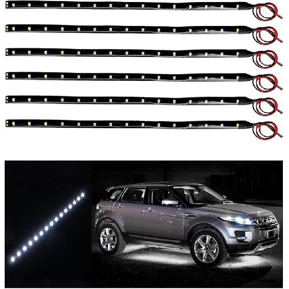 6 PCS 15 LED Strip Underbody Light, 1Ft 12V Waterproof Car Led Interior Exterior Strip Light with 6 Inch Wire, Flexible Auto Light Strip Decoration