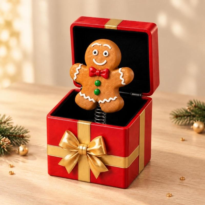 Hinged Christmas Gift Box Toy with a Spring-Mounted Figure That Rises As the Lid Opens for Holiday Gift Giving
