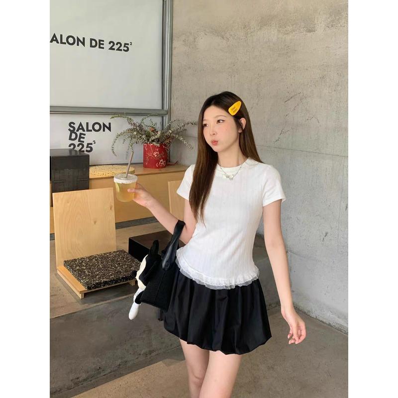 Style Lace Splicing Right Shoulder Short-sleeved T-shirt for Women Summer New Design Versatile Slim Slimming Top Trendy