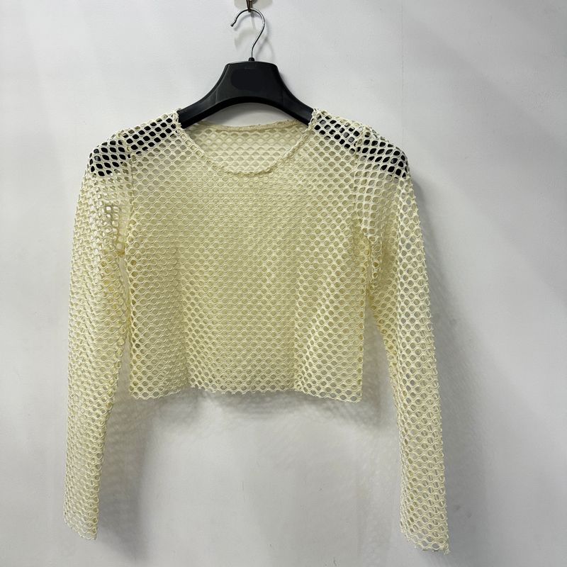 

Fashion Summer New round Neck Large Mesh Hollow T-shirt Short High Waist Plus Size Fishnet Single Layer Mesh Midriff Outfit Blouse Apricot XL
