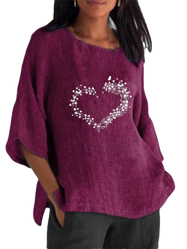 

Women Fashion Cotton Linen 3/4 Long Sleeve Top Spring&summer O Neck Print Shirt Ladies Pullover Loose Blouse 5XL фиолетовый