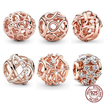 Rosévergoldeter, durchbrochener, runder Charm-Anhänger aus 925er-Sterlingsilber, passend für süße Mode-Armbänder und Halsketten, Schmuck für Frauen