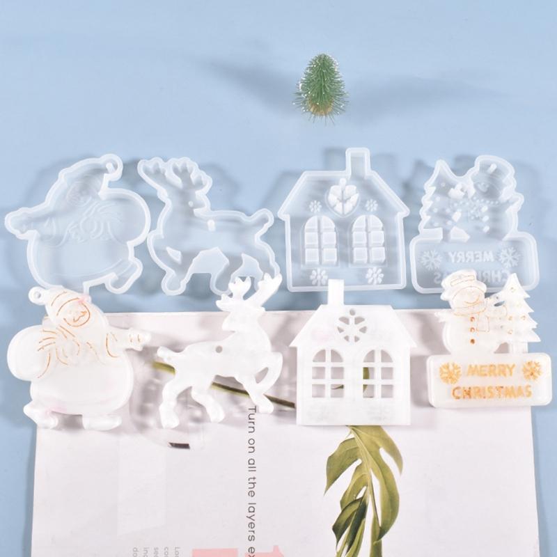 Hanging Ornaments Crystal Epoxy Resin Mold DIY Christmas Pendants Silicone Mould Santa Claus Elk Xmas House Casting Mold