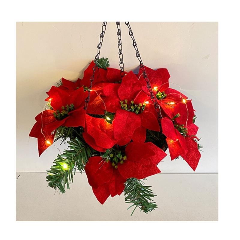 Artificial Poinsettia Floral Red Flowers Hanging Basket with LED Lights Christmas Hanging Basket Create Warm Atmosphere