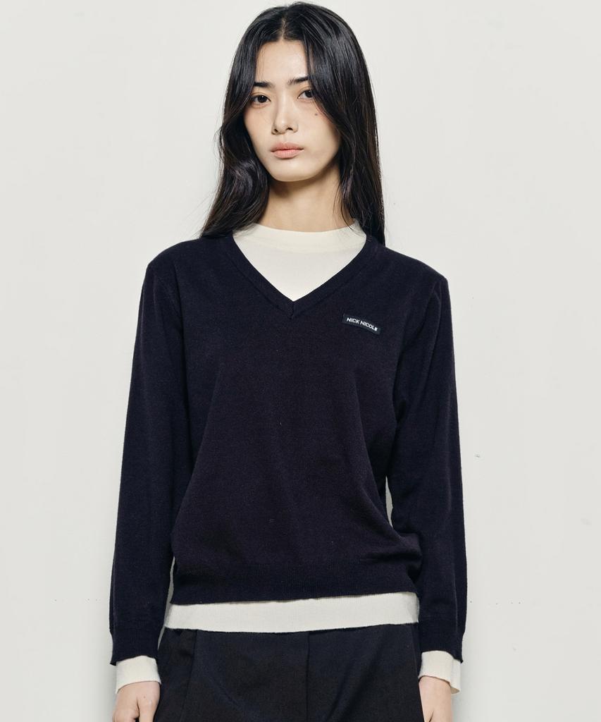 Nigaennikol Layered Round V Neck Knit_Black