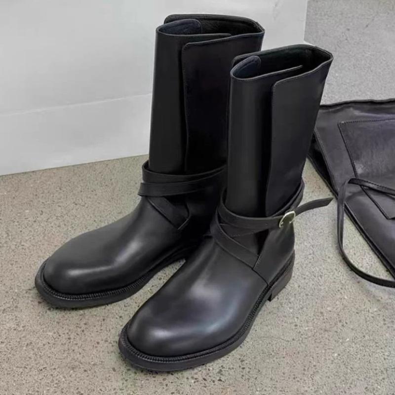 British Style Black Soft Leather Ankle Boots Women Luxury Metal Buckle Decoration Platform Boots Cozy Waterproof Non-slip Boots