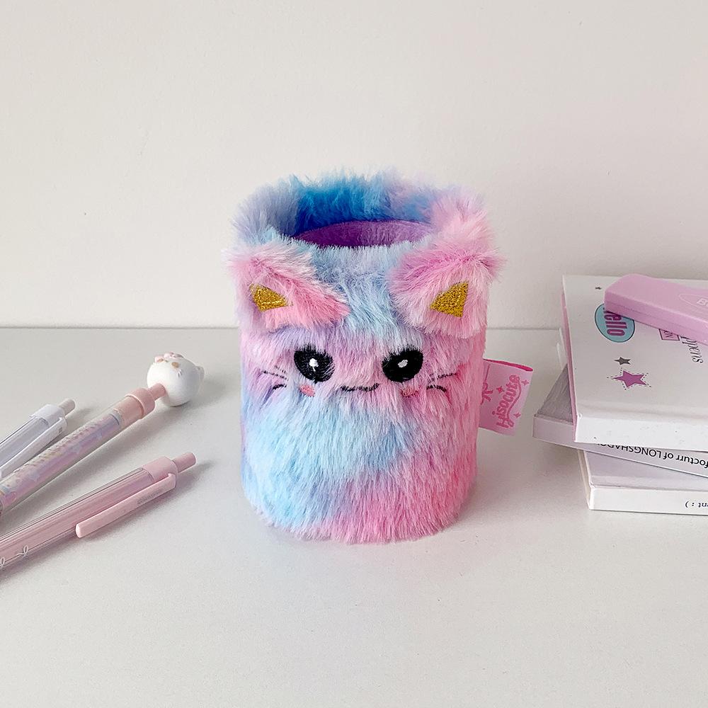 1 Piece Furry Cartoon Unicorn Pencil Holder for Kids Girl Cute Animal Kitten Puppy Sheep Desktop Organizer Makeup Brush Box