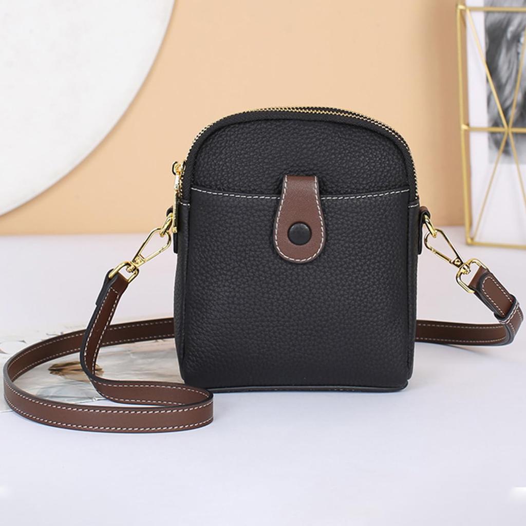 Bearneko Women's Genuine Leather Shoulder Bag, Small, Crossbody, Wallet, Lightweight, Waterproof, Smartphone Pouch, Fashionable, Gift (Black)