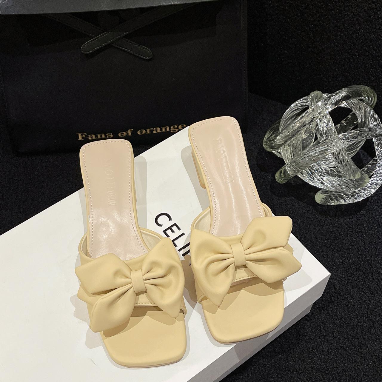 

Модные босоножки 2024 года, новые летние тапочки большого размера с квадратным носком и толстым каблуком, элегантные туфли с большим галстуком-бабочкой, внешнее платье zapatos 35 светло-желтого