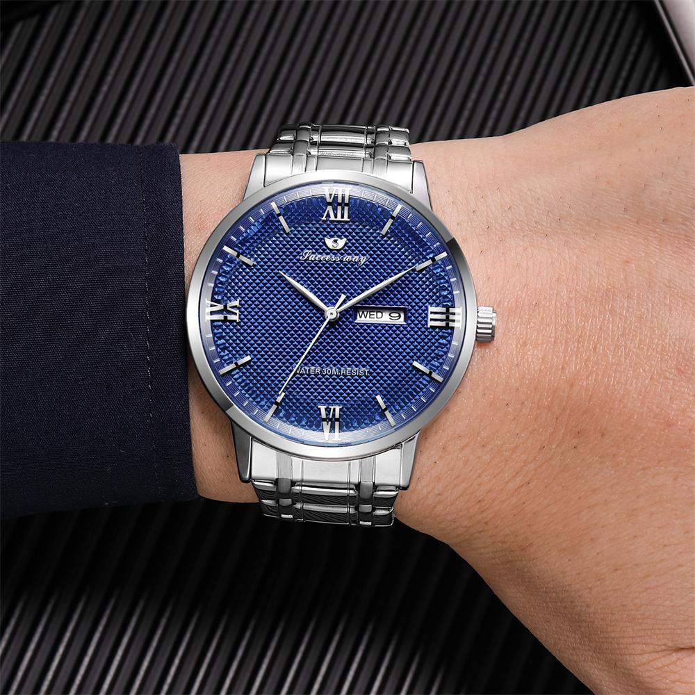New high end elegant business steel strip men's quartz watch waterproof double calendar Roman numeral men's quartz watch