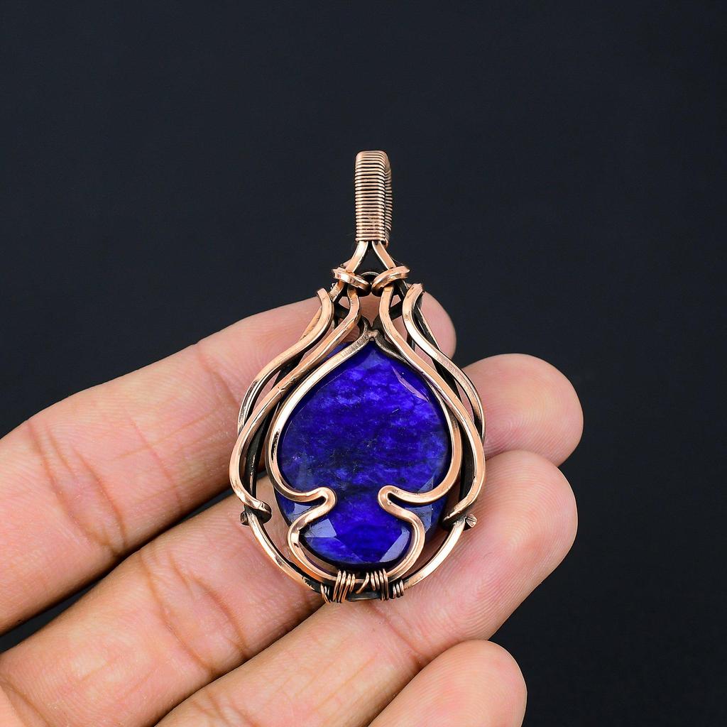 Lab-Created Blue Sapphire Gemstone Handmade Pure Copper Wire Wrapped Pendant Jewelry For Memorial Day