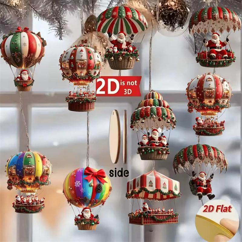 10Pcs Christmas Wooden Air Balloon Santa Claus 2D Flat Wooden Pendant Christmas Tree Decoration Perfect Holiday Gift Decor