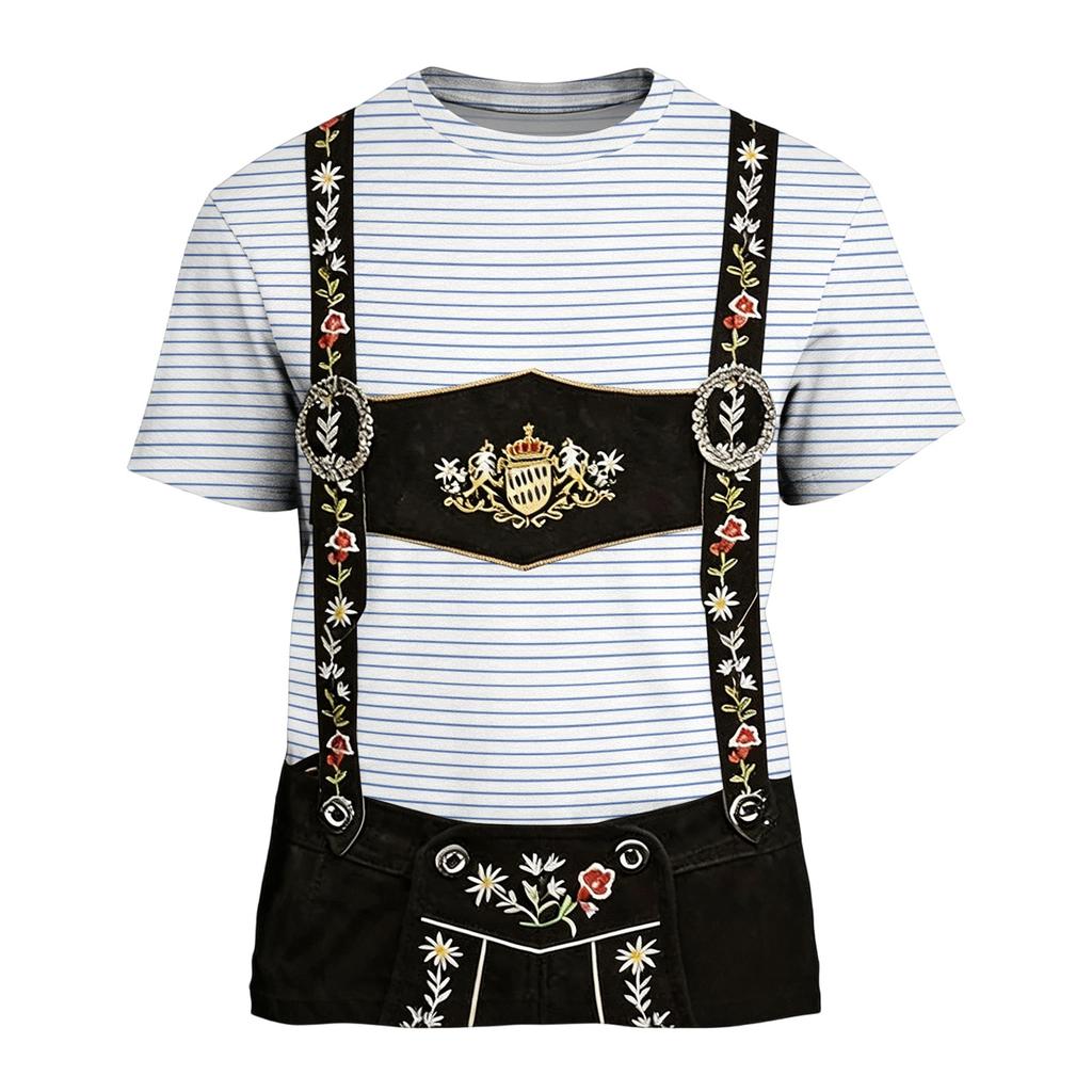 T-shirt da uomo per l'Oktoberfest con stampa testurizzata vintage, manica corta, vestibilità larga, casual, estiva, per uso quotidiano, top con bretelle grafiche e ricami