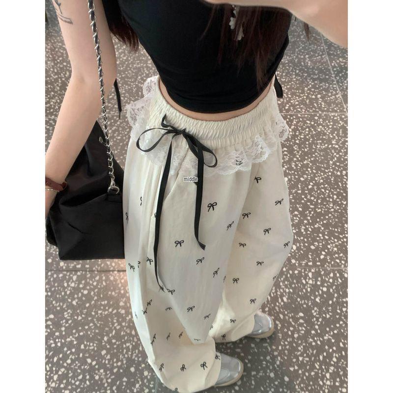 Women s Black Bow Wide-Leg Lace Patchwork High-Waisted Pants Small