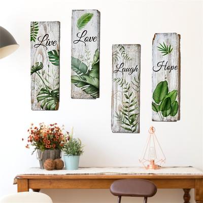 WOHAHA Wandaufkleber, Stilvolles Pflanzenblatt, Grünes Blauregenblatt, Nordischer Tapetenaufkleber, Englischer Text, Faux Weiße Holzmaserung, Abziehbar, Stilvolle Wand