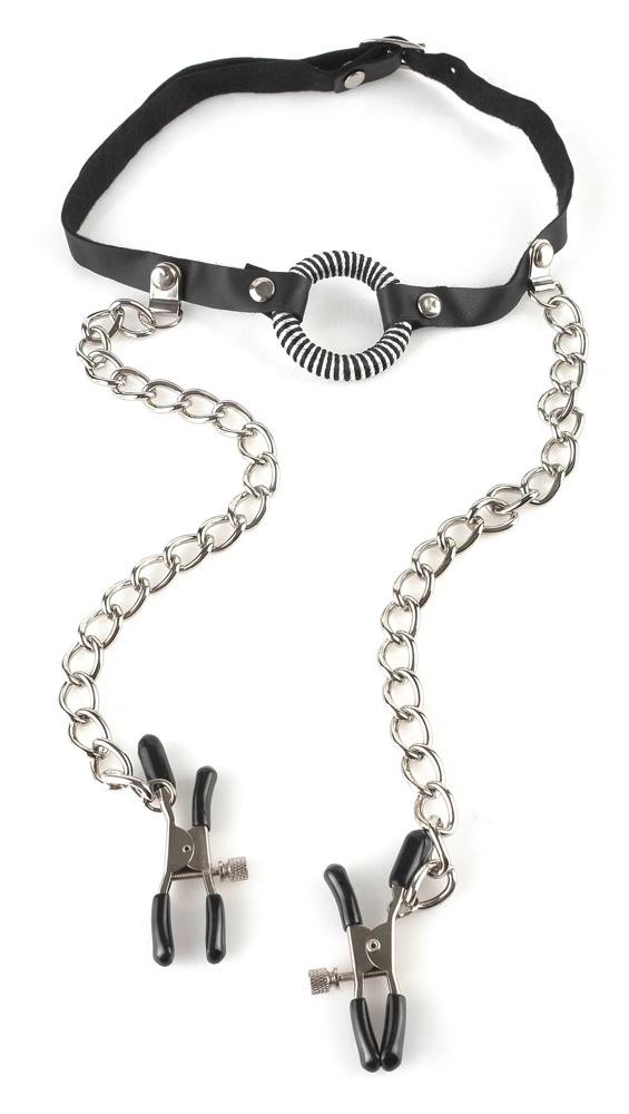 Fetisch-Fantasie-Serie - O-Ring-Maulkorb mit Brustwarzenklemmen