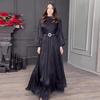 2024 Summer European & American Solid Color Lantern Sleeve Waist-tie Socialite Dress