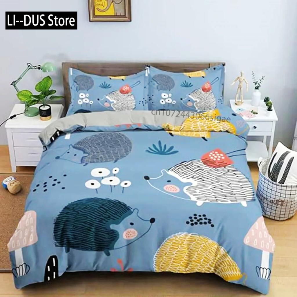 Hedgehog Duvet Cover Mushroom For Boys Teens Cute Cartoon Wild Animal Pinecone Tree Leaf Quilt Cover Autumn Leaves Room Decor