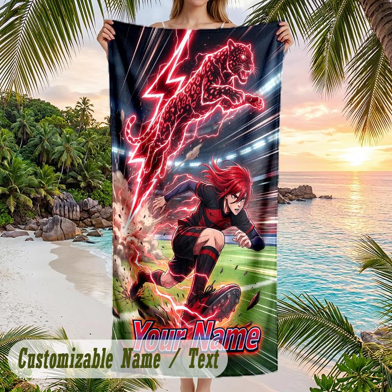 Blue Lock Beach Towel, Personalized Custom Name Text, Quick Dry Large Absorbent Towel For Beach Pool