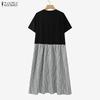 ZANZEA Women Casual Round Neck Short Sleeve Stripe Splice Loose Dress
