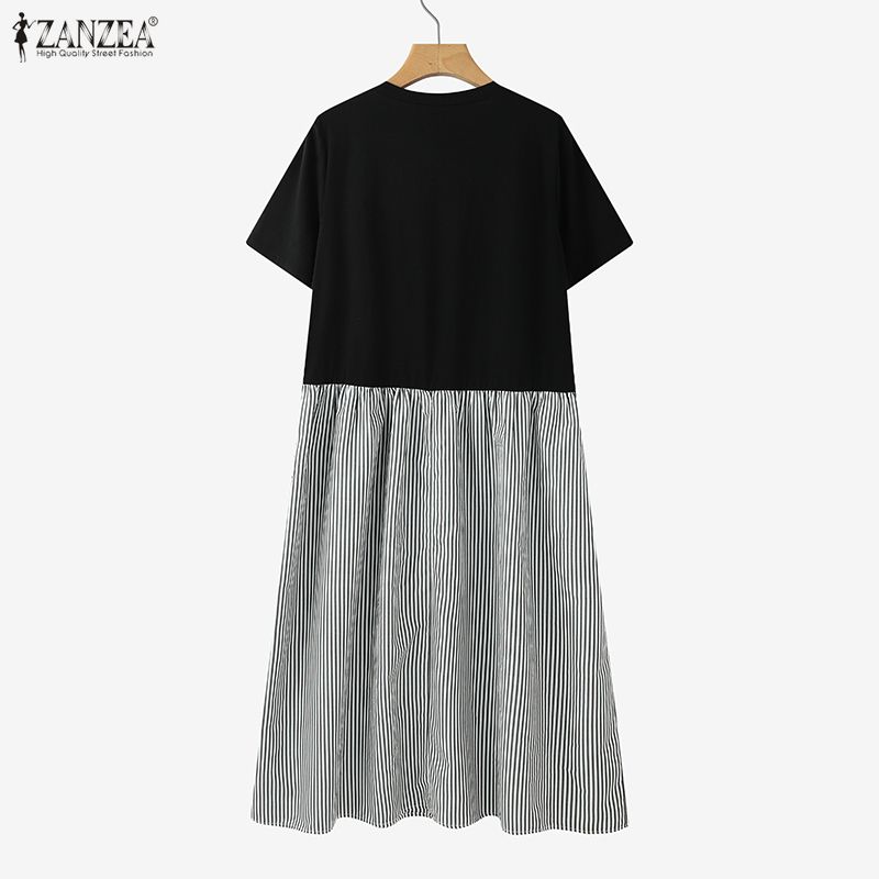 ZANZEA Rochie Casual Femei cu Gât Rotund, Mânecă Scurtă, Imbinare cu Dungi, Largă