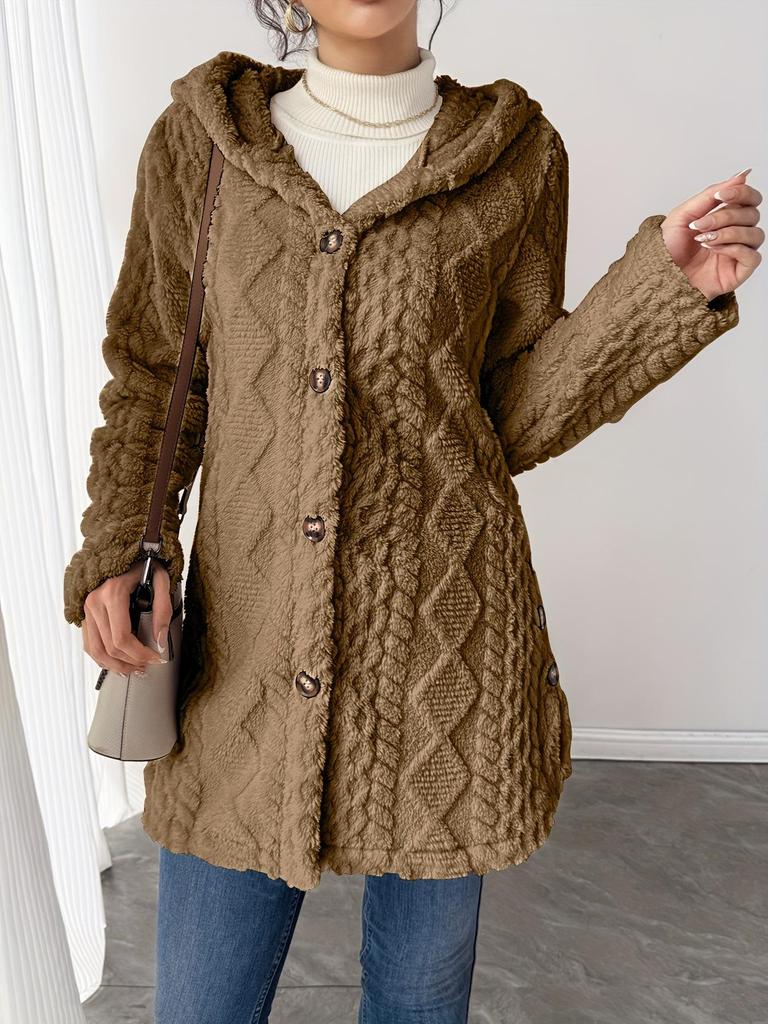 2025 Autumn/Winter Women's Warm Plush Hooded Cardigan - Button-Up Solid Color Coat