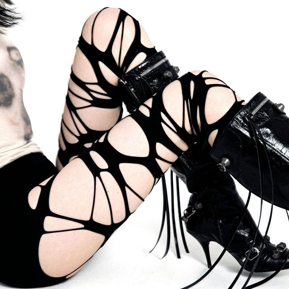 Punk Y2k Damen Zerrissene High Waist Strümpfe Strumpfhosen Socken Hohe Strümpfe Strumpfhose für Halloween Rave Party Netzstrumpf