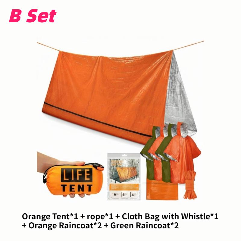 Überlebensset mit einem Unterschlupf, zwei Regenmänteln, einer PE-Zeltseiltasche und einer Pfeife für Wandern, Camping, im Auto, Notfälle