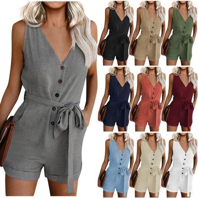 Womens Casual V Neck Bow Pocket Sleeveless Shorts Wide Shorts Jumpsuits Rompers