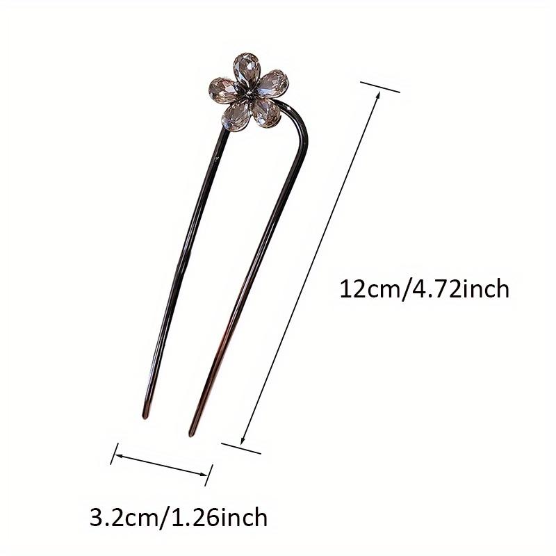 Elegant Rhinestone Flower U-Shaped Hairpin for Women, Simple Black Color Hair Sticks, Summer Hair Accessories