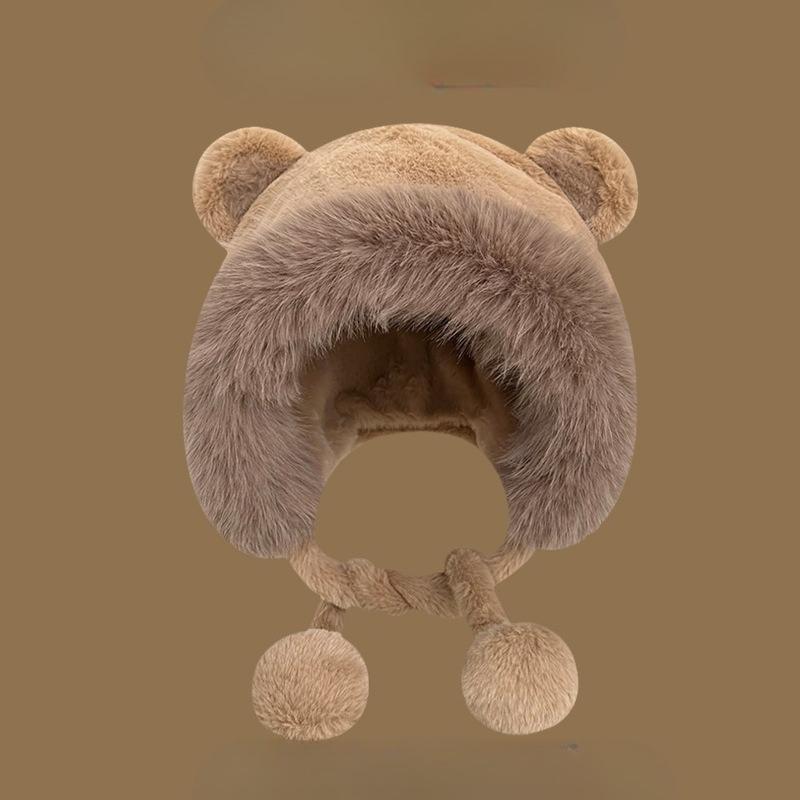 Cute Korean-Style Women's Winter Teddy Bear Ear Plush Hat Fleece-Lined Thickened Cycling Cold-Resistant Earflap Hat