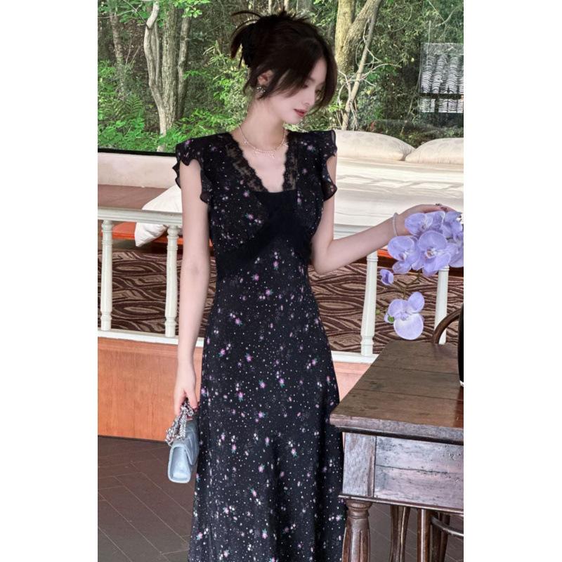 New Luo Zhiyin Lace Splicing Waist Flower Dress Long Floral Skirt