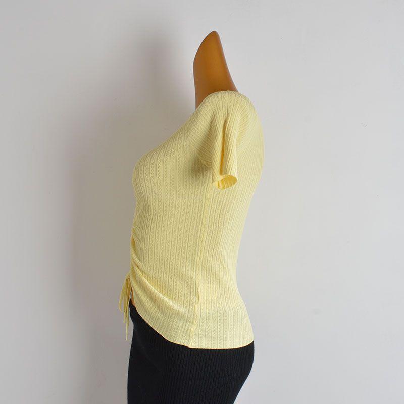 French Style New Arrival Solid Color and V-neck Drawstring Lace Ice Silk Sweater Women's Clothing Summer Silm Fashion Short Sleeve T-shirt