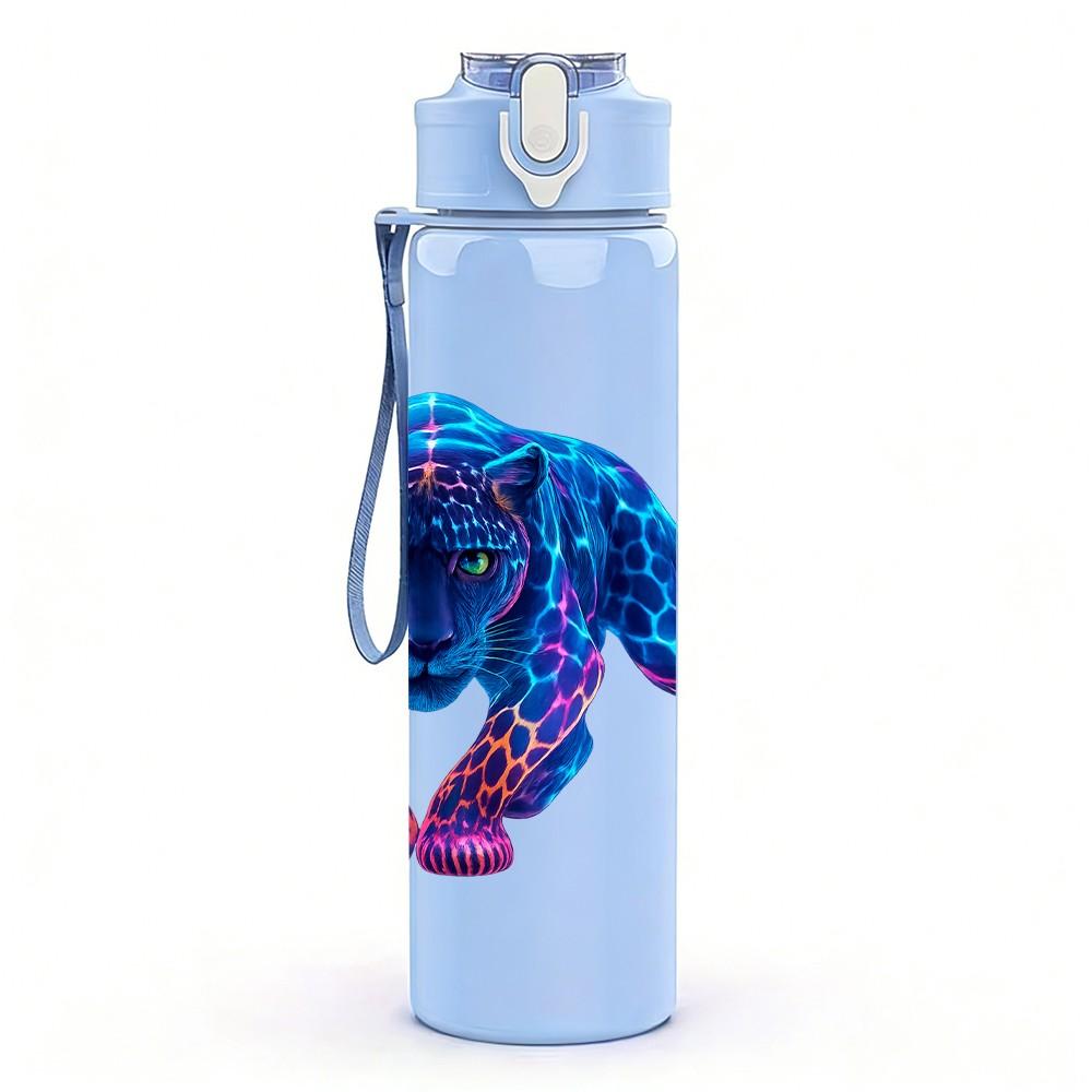 1PC Dark Blue Panther Portrait 750ml Color Plastic Sports Water Bottle Leakproof Flip Straw Lid Suitable for Sports Office Home Use