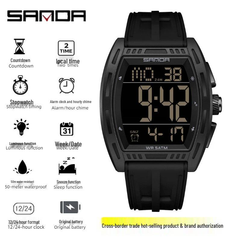 SANDA Men's Multifunctional Dual Time Waterproof Sport Watch - Fashion Tonneau Shape with Snooze Feature