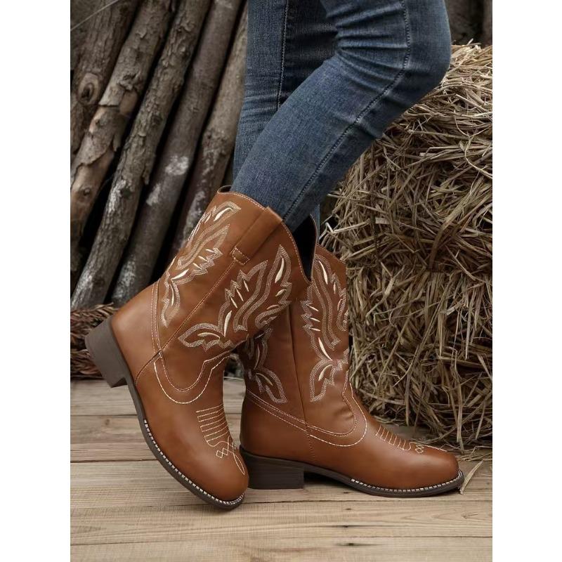 Damen Herbst-Winter Bestickte Mittellange Mode-Stiefel, Retro-Stil, Blockabsatz Langstiefel.