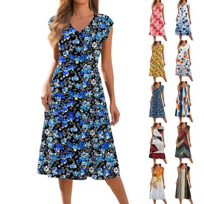 Modisches Damenkleid mit V-Ausschnitt, Flügelärmeln, bedruckt, plissiert, lockeres langes Kleid