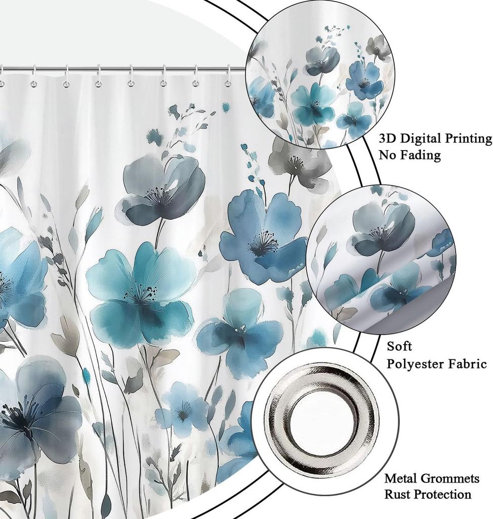 Blue Floral Shower Curtain, Boho Watercolor Botanical Flowers Design Shower Curtain For Bathroom, Natural Teal Gray Plant Decor