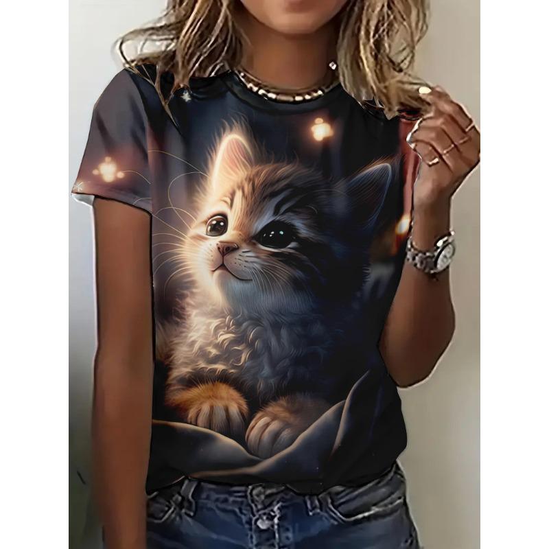 Summer Women's Clothing Clear 3D Printed Floral Pattern Round Neck Short Sleeved T-Shirts Women’s