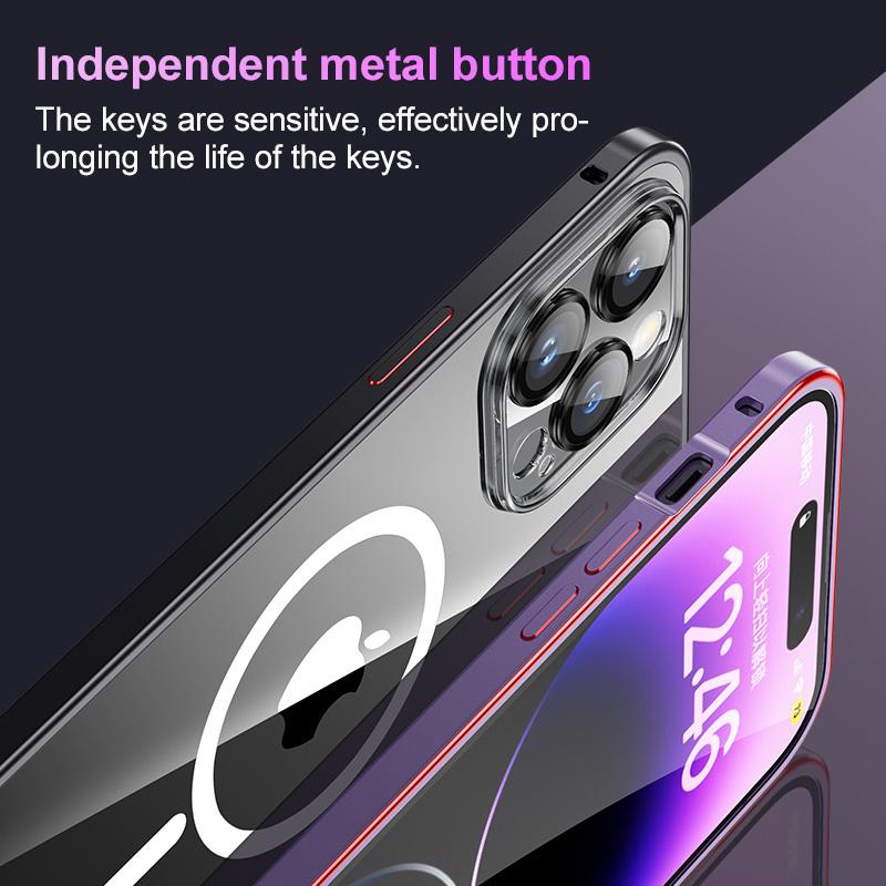 Mattierte Rückseite, magnetisches kabelloses Laden, Aluminium-Metall-Stoßstangenhülle für iPhone 12 13 14 Pro Max, Objektiv-Glasschutzfolie