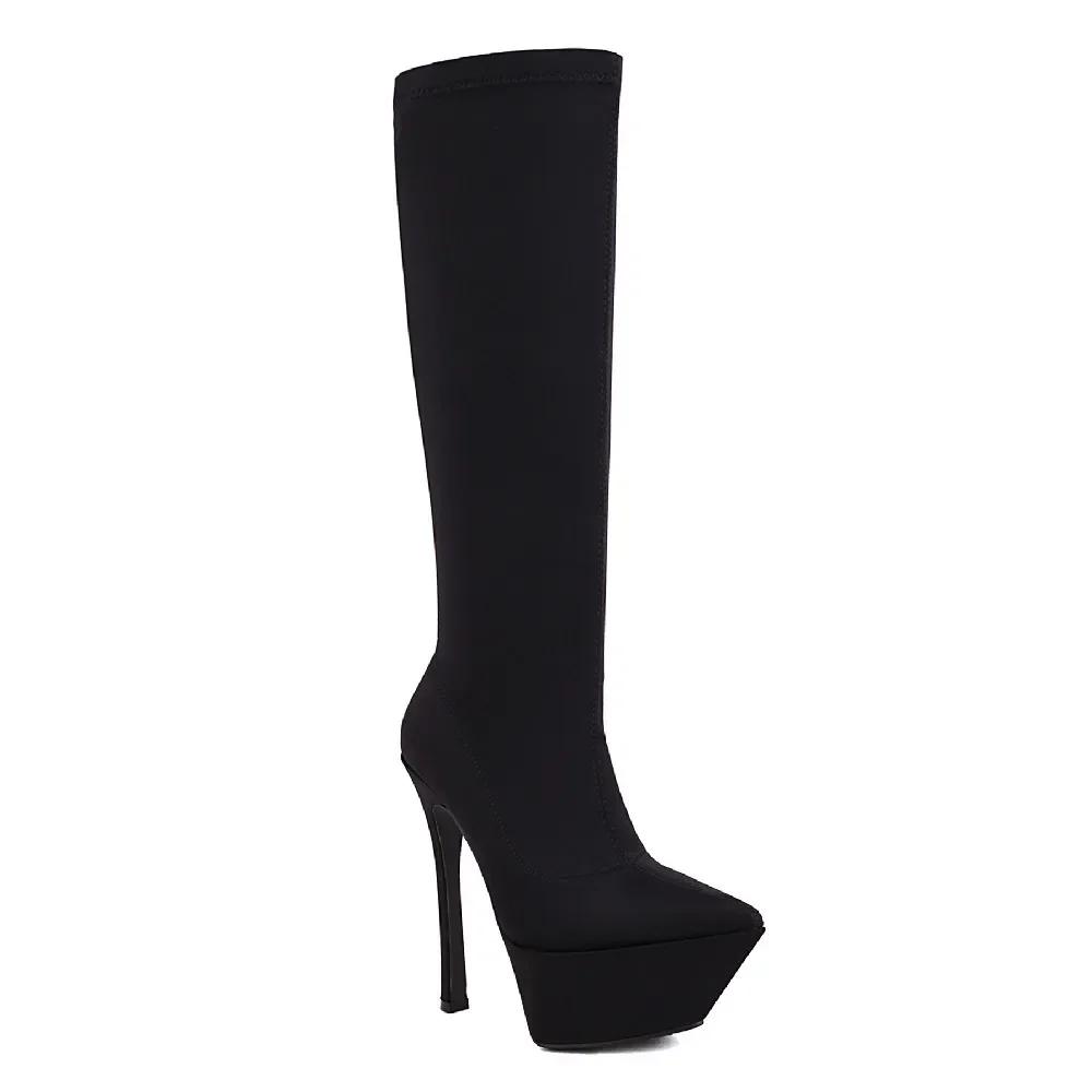 Fashion Women Knee High Platform Boots Rosy Red Black Stretch Satin Thin Heels Pointed Toe Sexy Lady Slip-on Stiletto Half Boots