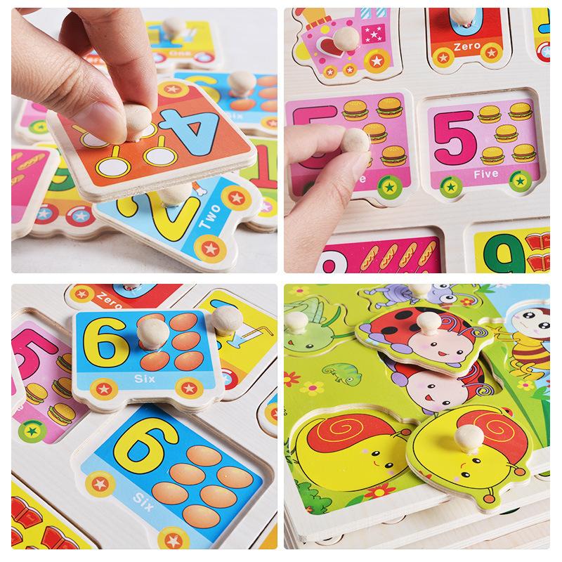 Big Size Baby Montessori Wooden Puzzle Hand Grab Board Set Educational Toys Infantil Cartoon Number Letter Math Puzzle Kids Gift