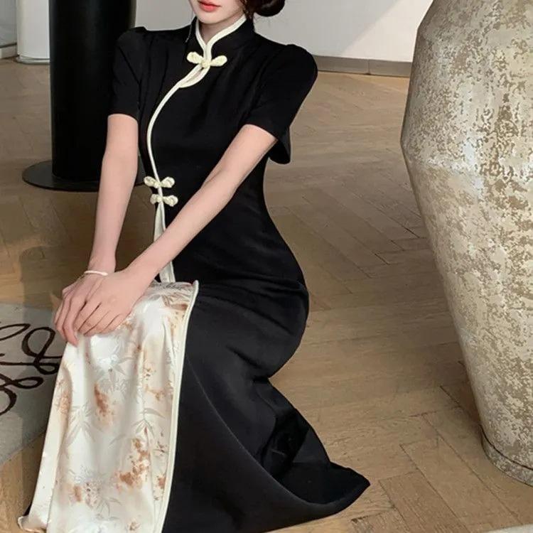 Noua cataramă cu disc în stil chinezesc, rochie cheongsam îmbunătățită cu mâneci scurte, talie retro de vară, fustă subțire și lungă