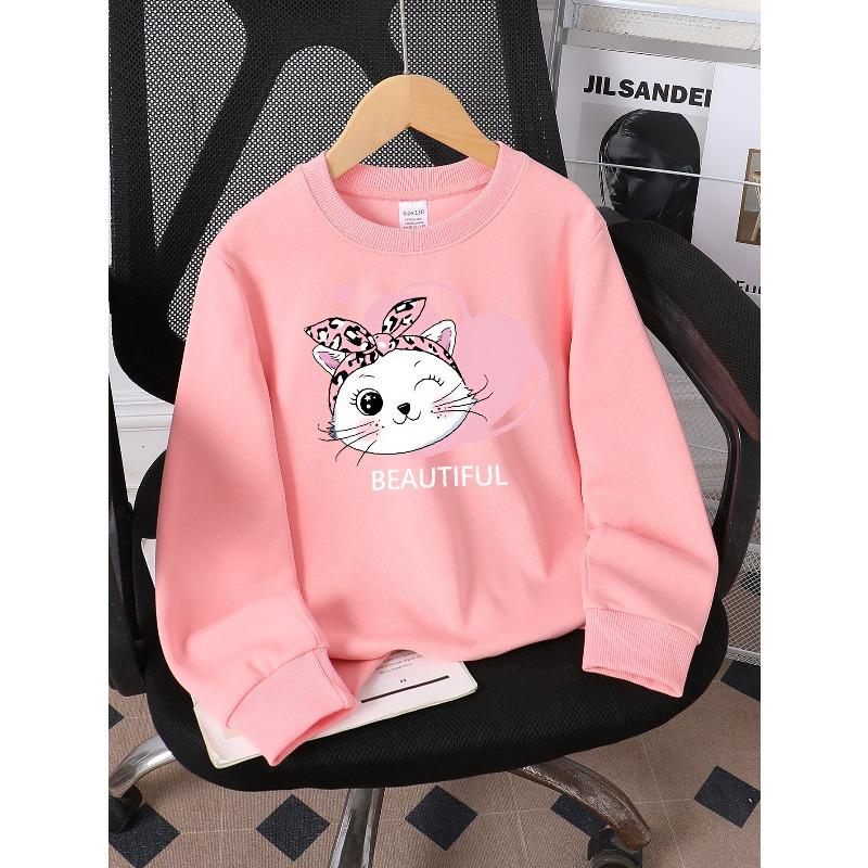 Kids Sweatshirt,Crew Neck Fashion Top, Fun"Cute Cat with Bow "patterned Sweatshirt, Suitable for Everyday Casual Wear,Spring Fall Sweatshirt