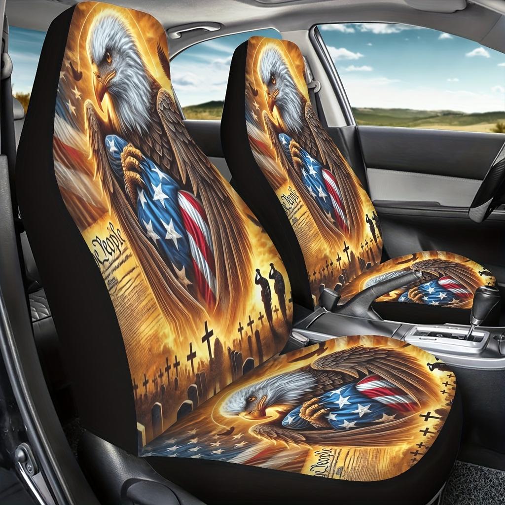 2pcs Eagle Tribute Print Car Seat Covers, For Women And For Man, Universal Auto Front Seats Protector Fits For Car, SUV Sedan, T